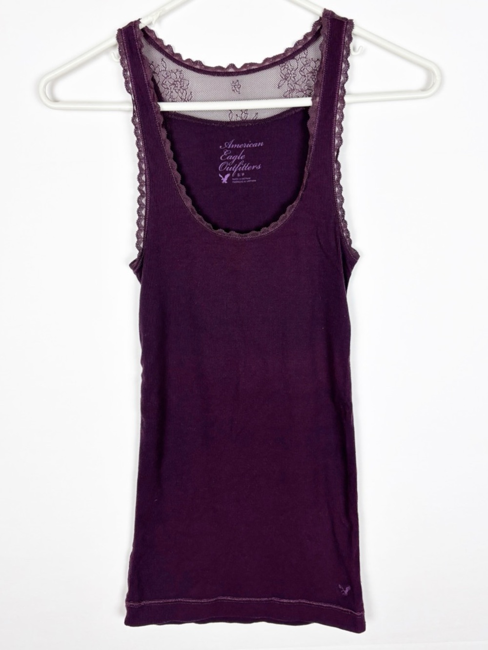 Vintage Y2K American Eagle Tank Top Size Small Purple Lace Coquette Ribbed - Picture 9 of 9
